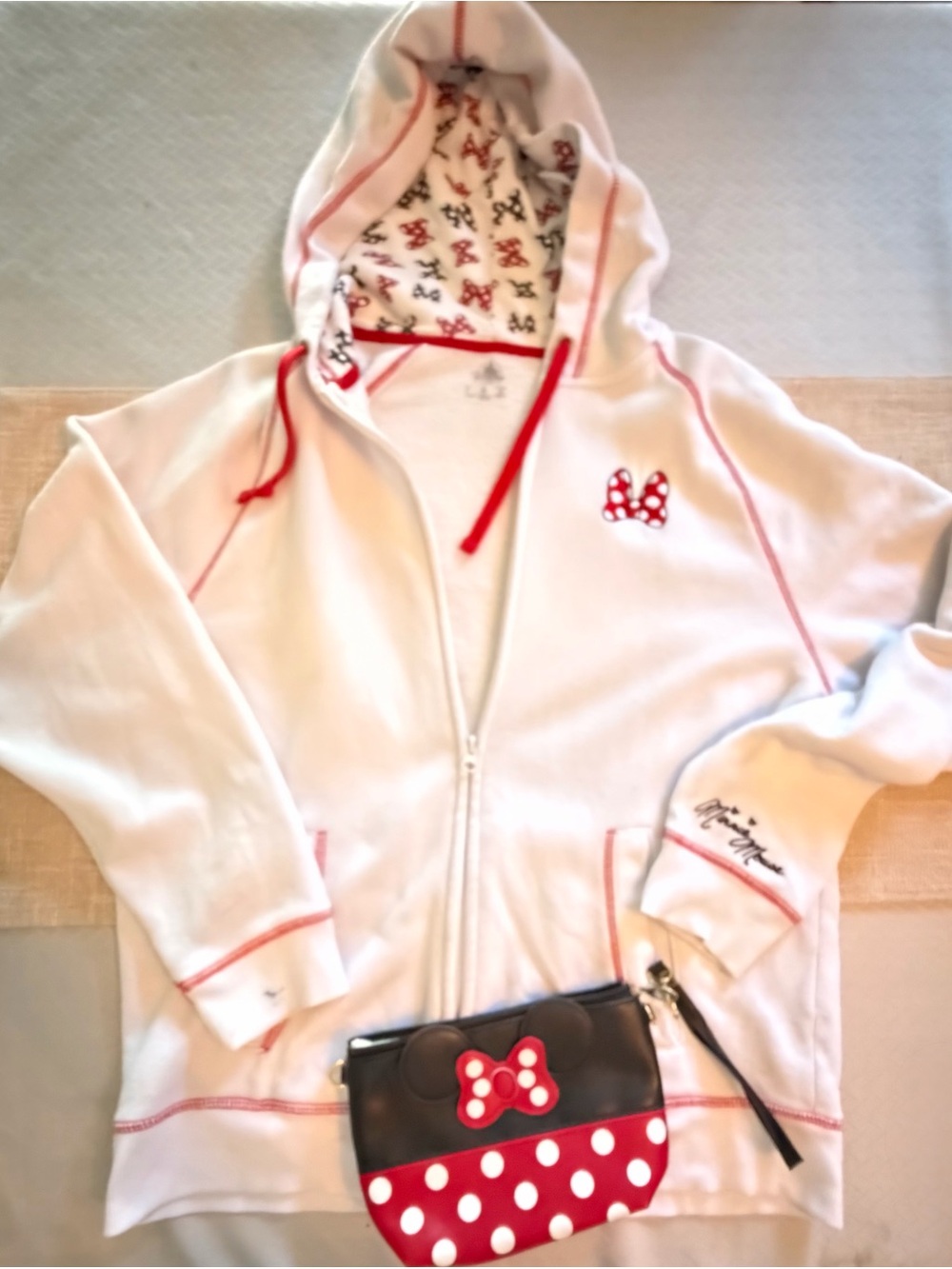 Disney White Hoodie with Red Trim and Polka Dot Bow Detail with Wristlet